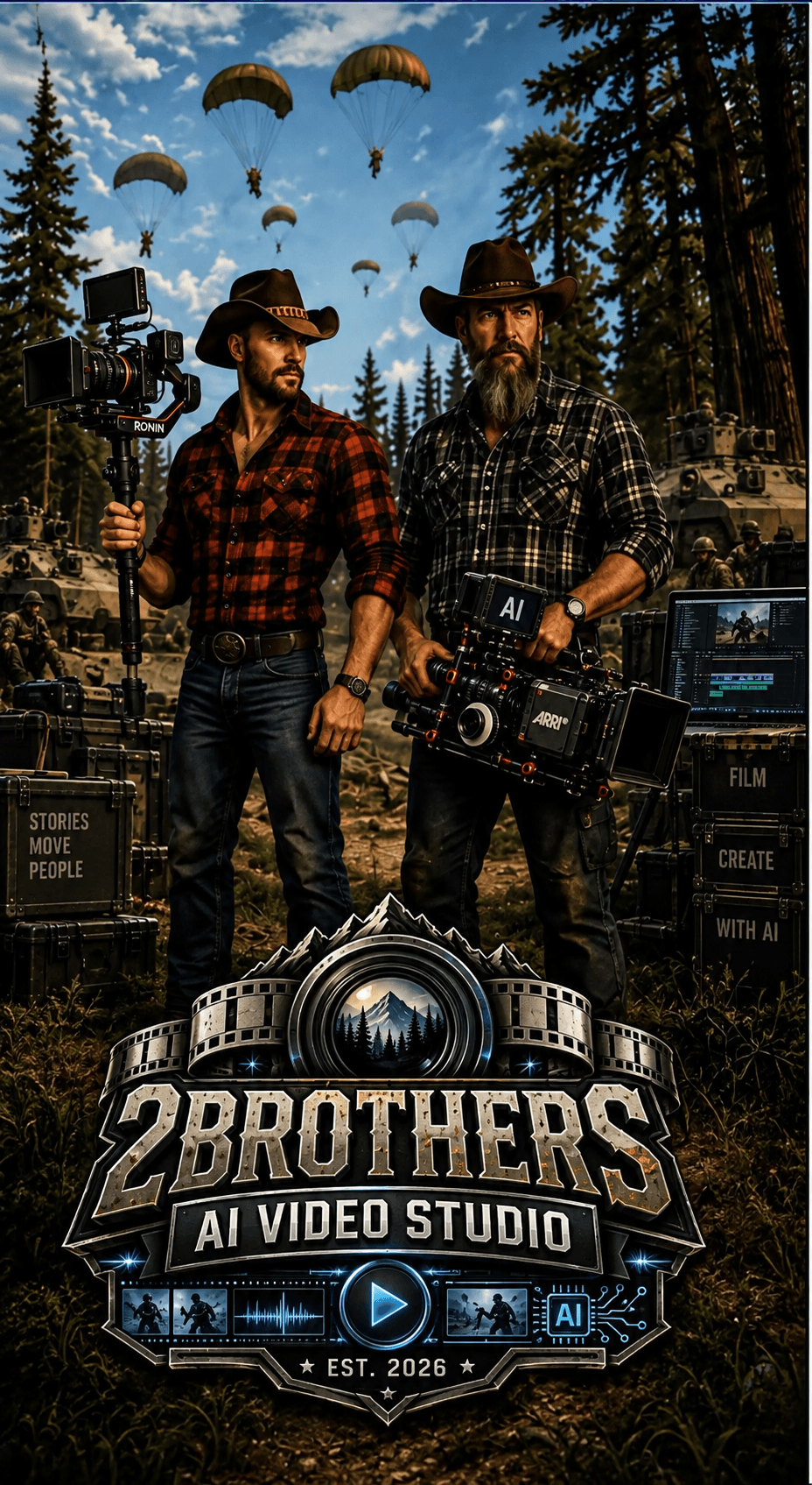 2Brothers AI Video Studio illustrated brand artwork